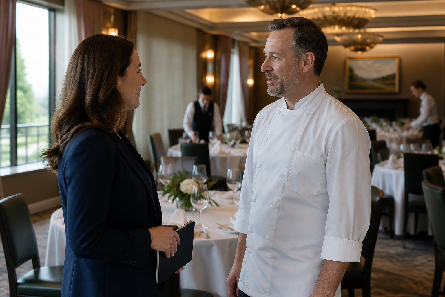 A hospitality account manager speaking with an executive chef in a dining room before an event